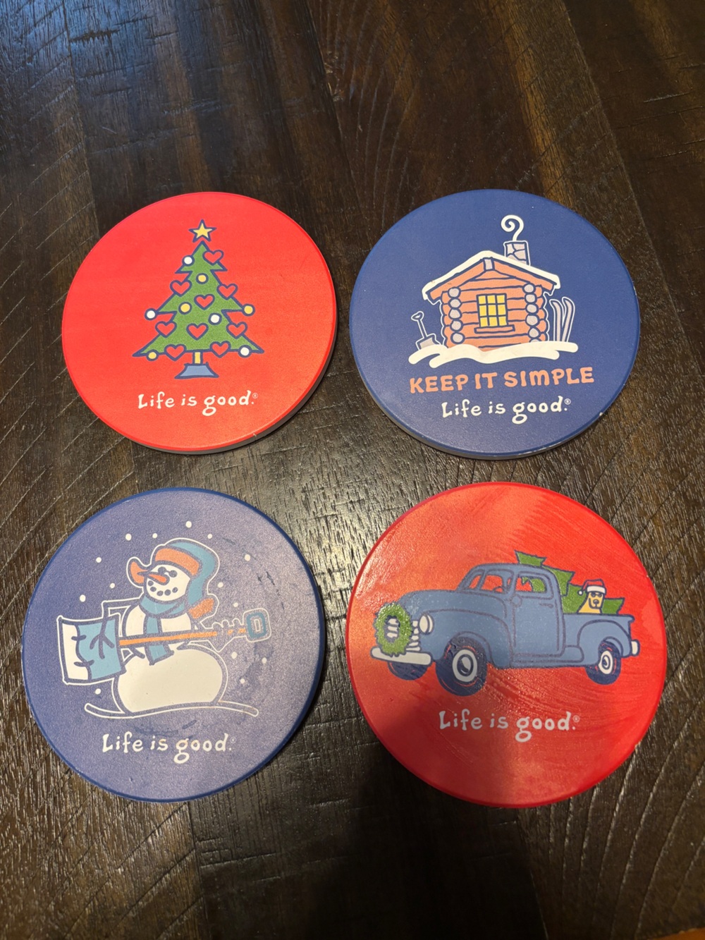 Life Is Good Red and Blue Holiday Coasters - Set of 4